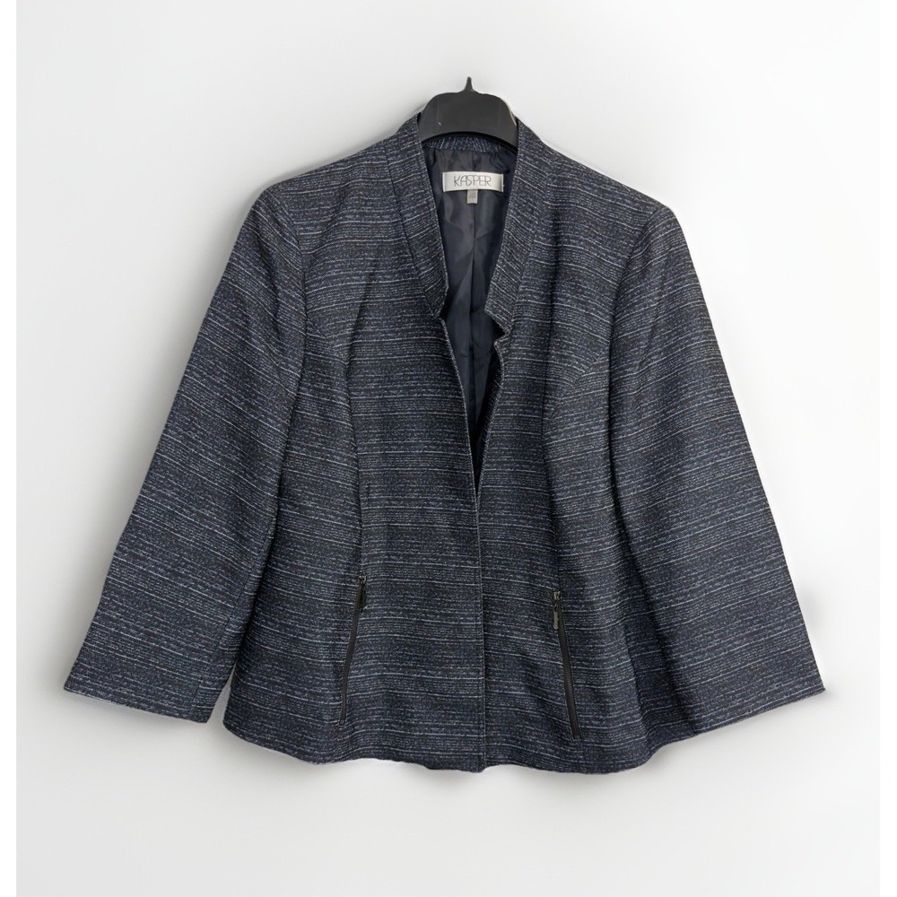 Kasper Tweed Blazer Suit Jacket 14W Career Open Front Lined Long Sleeve Black